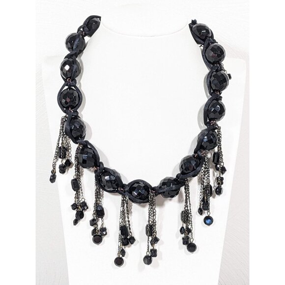 Erickson Beamon Black Glass Round Bead Chain Fringe Statement Necklace 21 inch - Picture 1 of 9